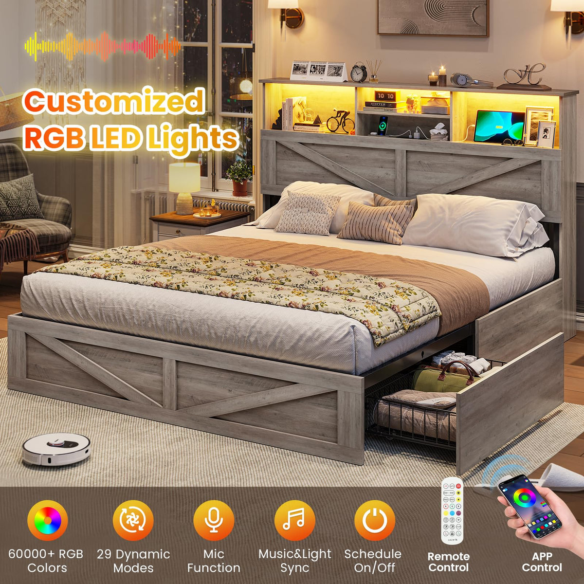 Farmhouse Bed Frame with Bookcase Storage Headboard, Charging Station and LED Lights, Wooden Bed