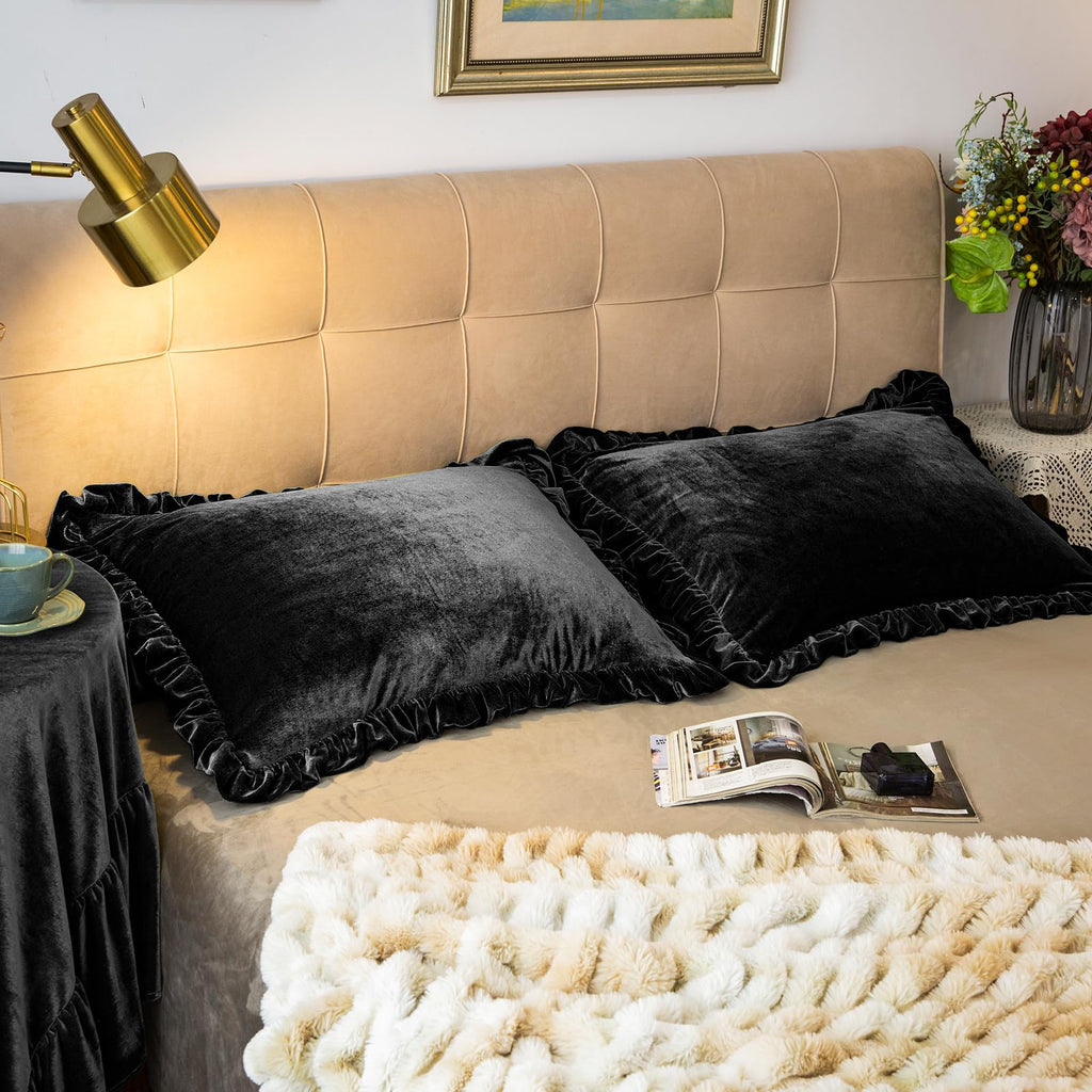 Velvet Pillow Shams Set of 2 Retro Ruffle Flounces Trim Soft Decorative Luxurious Solid Obsidian Black Farmhouse