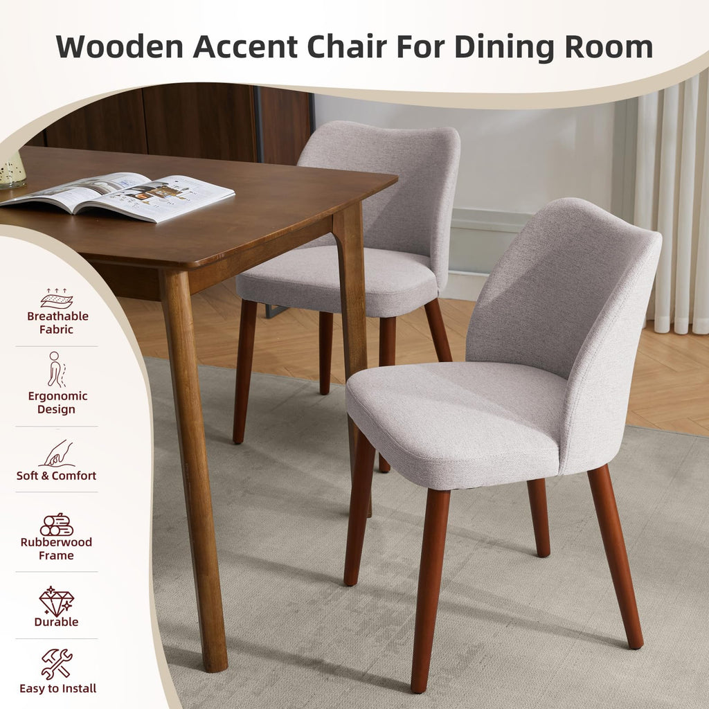 Linen Dining Chairs Set of 4 Upholstered Fabric Dining Chair with Wood Legs, Wing Backrest, Wooden Kitchen Chairs