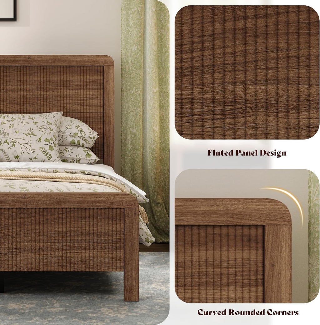 Wood Full Bed Frame with Headboard & Footboard, Modern Fluted Wooden Platform Bedframe with Rounded Safety Edges