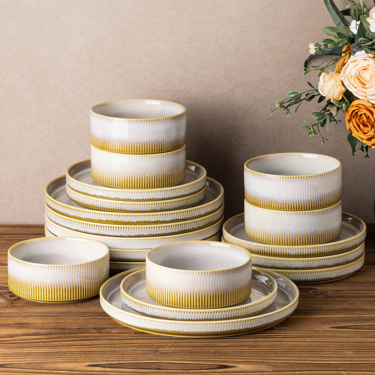Ceramic Dinnerware Set for 6, 18-Piece Plates and Bowls Set