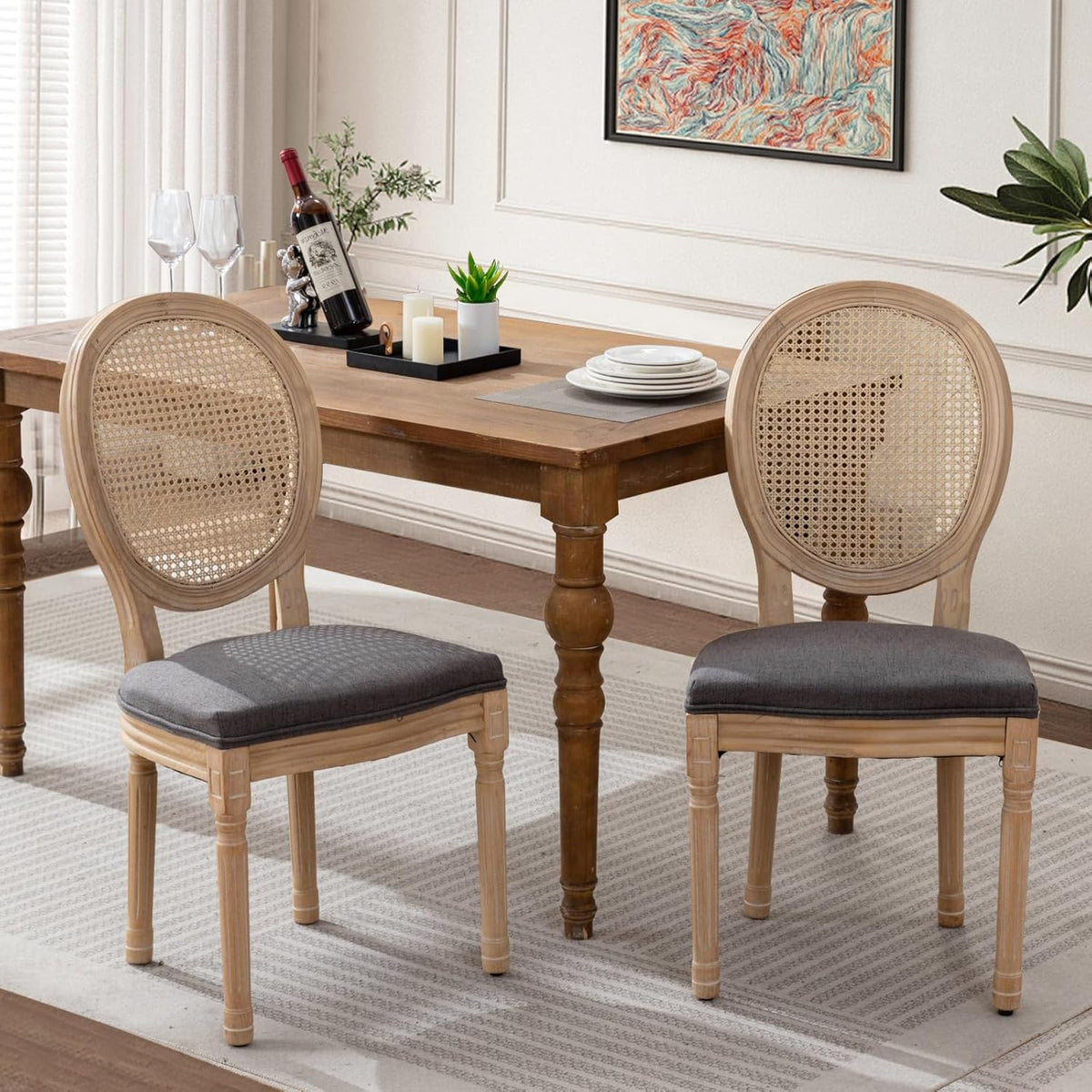 French Country Dining Chairs Set of 2, Farmhouse Rattan Dining Chairs with Round Back and Wood Legs for Kitchen or Bedroom, Deep Grey