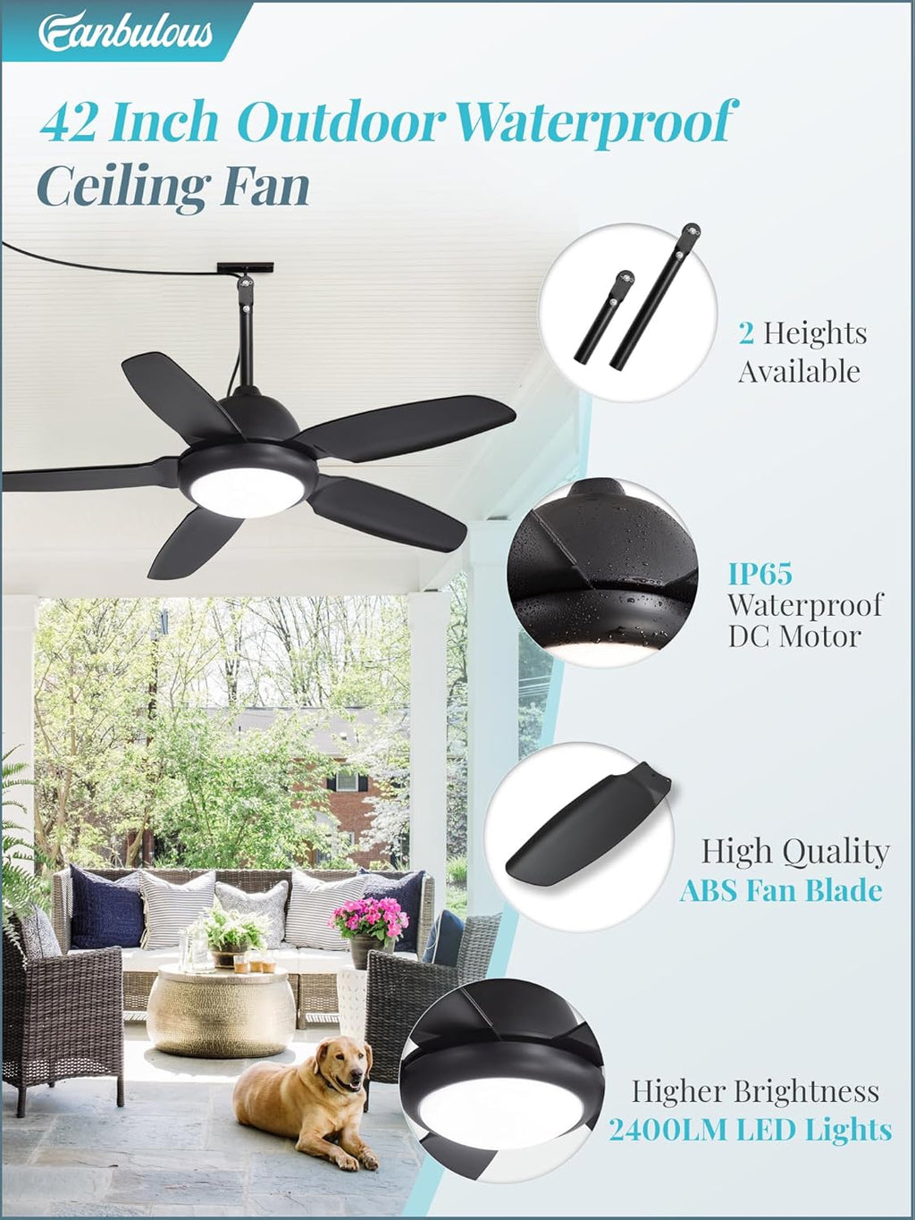 42" Black Outdoor Ceiling Fan with Light & Remote