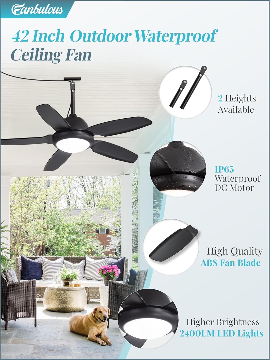 42" Black Outdoor Ceiling Fan with Light & Remote