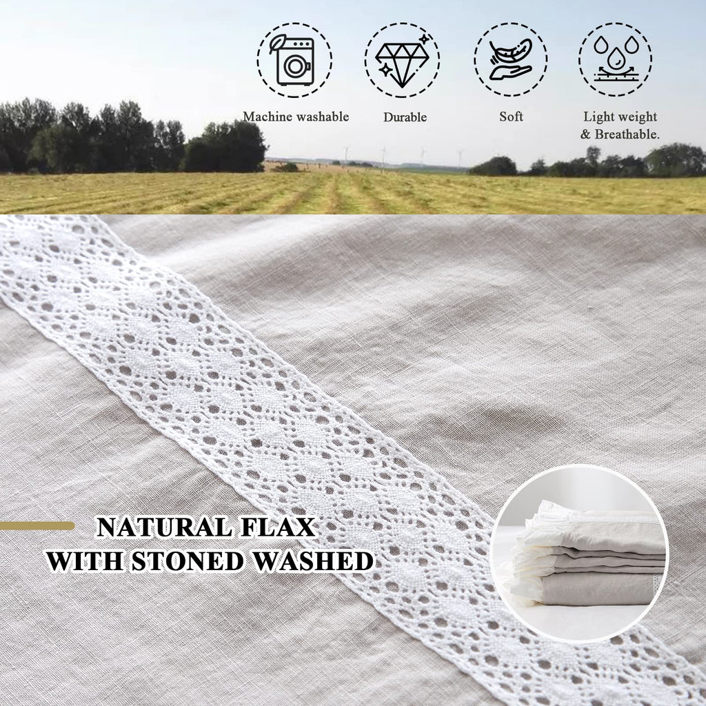 100% Linen Duvet Cover Set (68''x86'') Frill Floral Flax, Shabby Chic Ruffle Edge Lace Insert Decoration, 2