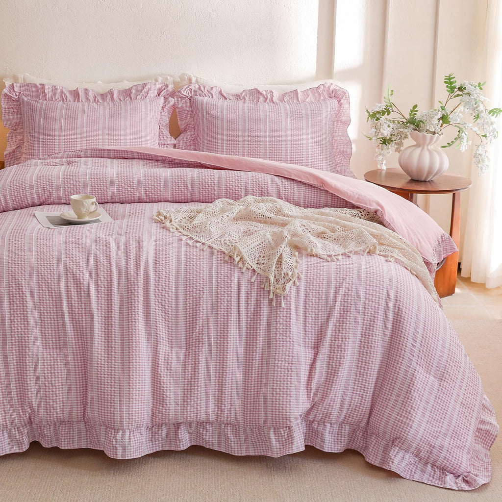 Gingham Comforter Set Pink Seersucker Ruffle Bedding Set