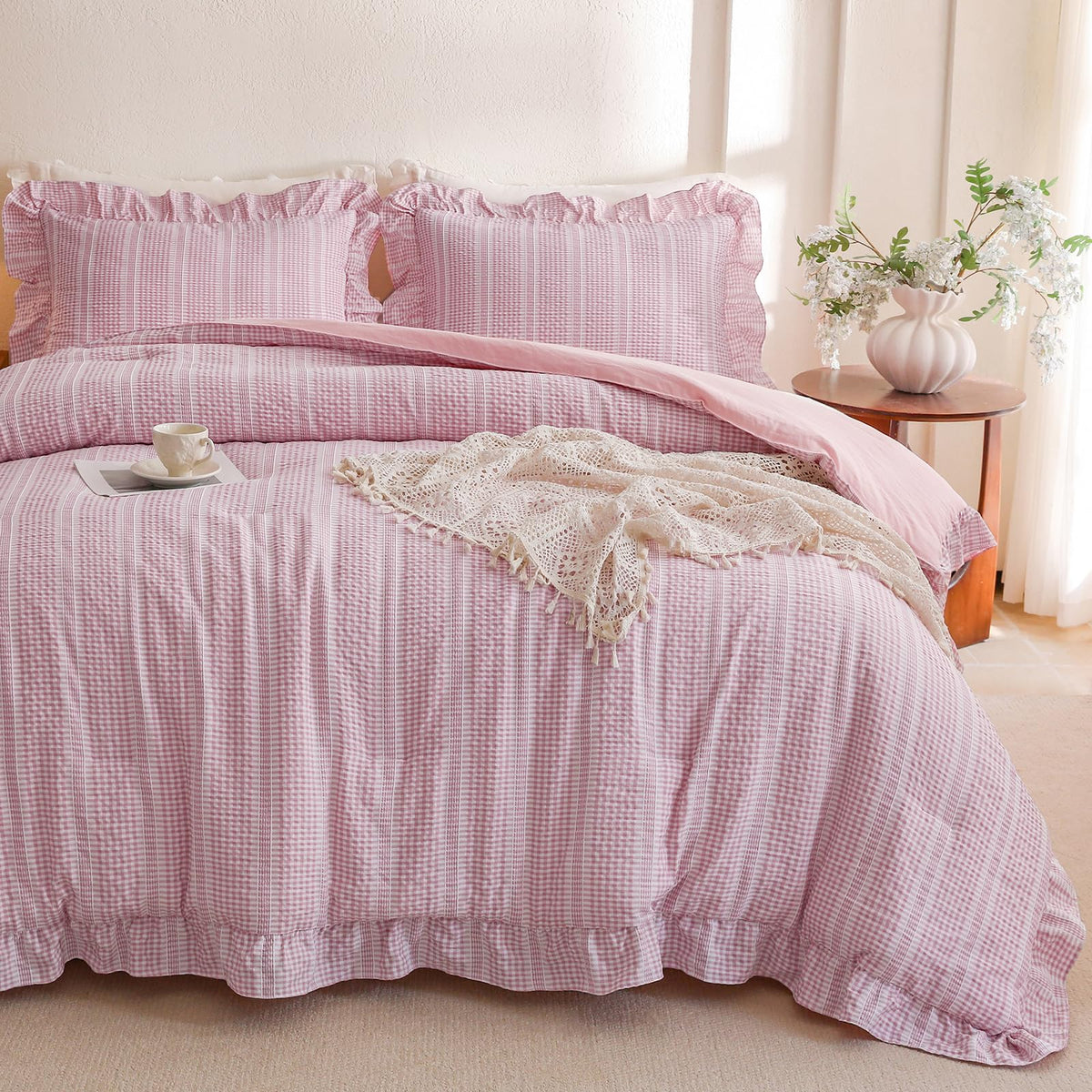 Gingham Comforter Set Pink Seersucker Ruffle Bedding Set
