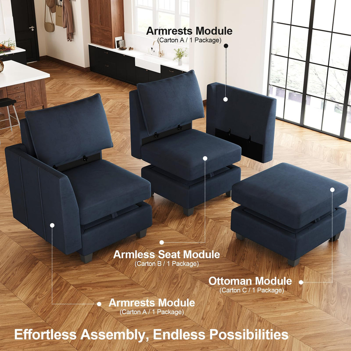 Oversized Modular Sectional Couch Sleeper Sofa with Storage Velvet Sectional Sofa Bed, 12 Seats, Blue