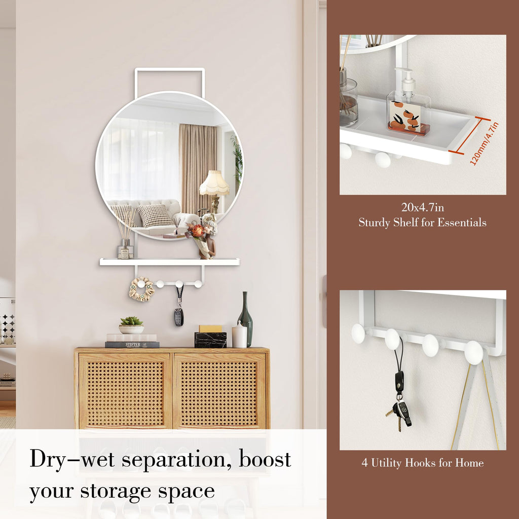 Wall Mirror with Shelf and Hooks, Vertical Mount, 32x22 Inch White