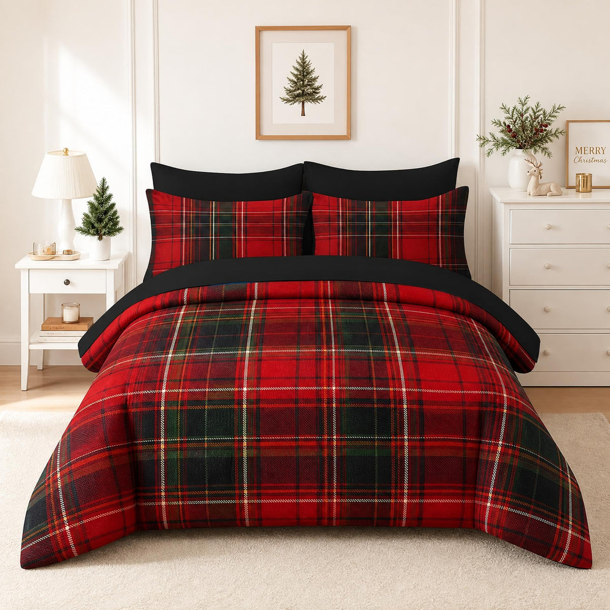 Comforter Set, 7 Pieces Plaid Tartan Bedding Set