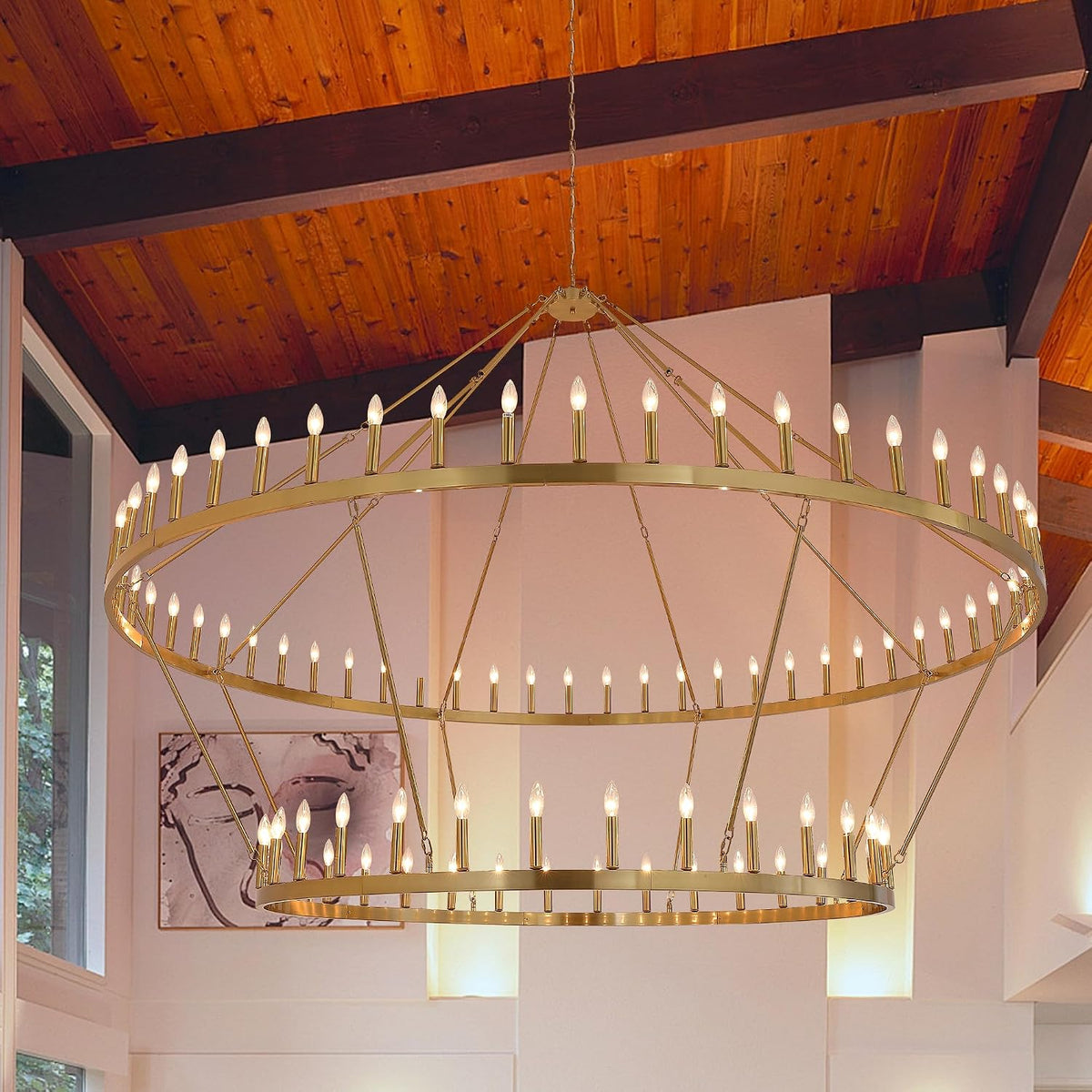 2-Tier Gold Wagon-Wheel Chandelier, Grand Statement Fixture for Two-Story Foyers