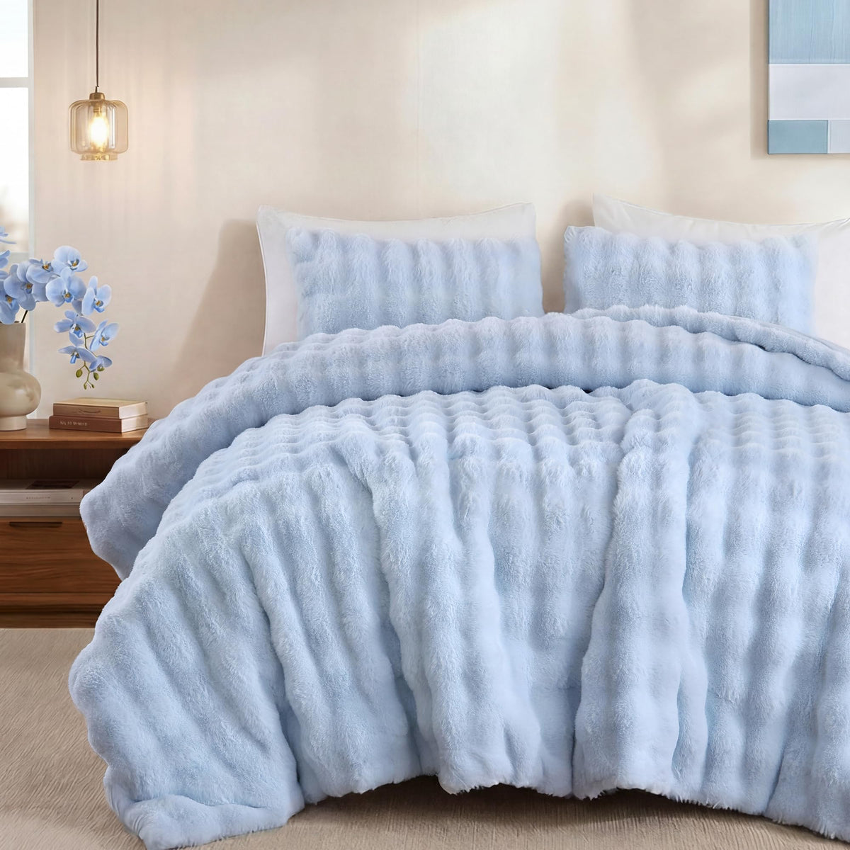 Fluffy Faux Rabbit Fur Bubble Comforter - Light Blue