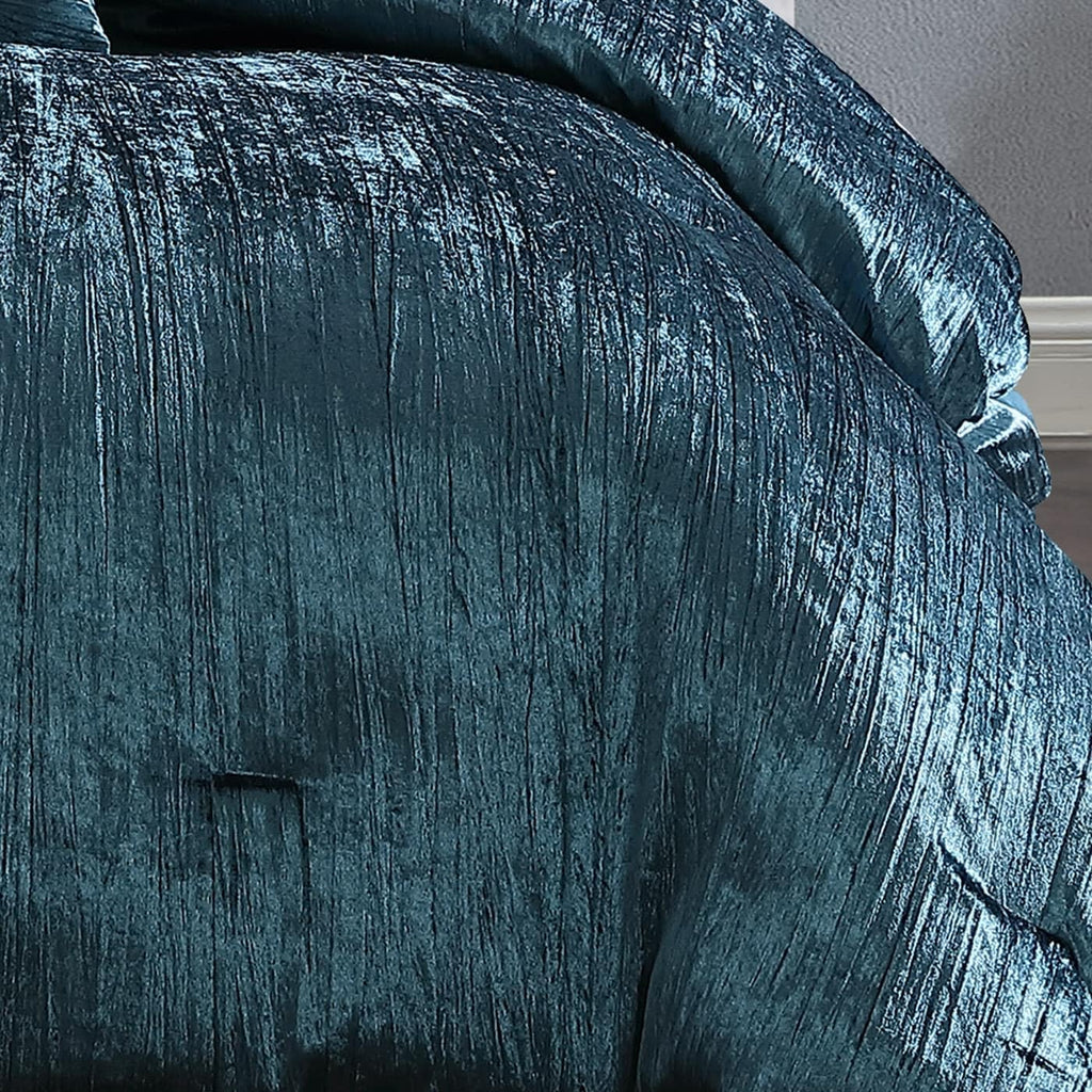Turin Crinkle Velvet Comforter Bedding Set, Queen Size, Glam Textured Décor, Blue, 7 Pieces