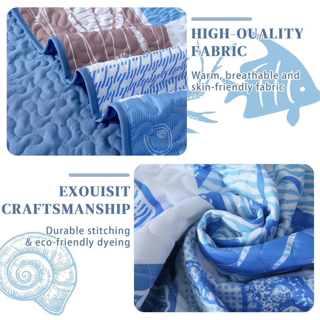 Coastal Quilt Set, Beach Coverlet Blue Starfish Coral Seashell Bedspread, Ocean Beach Themed Bed Cover