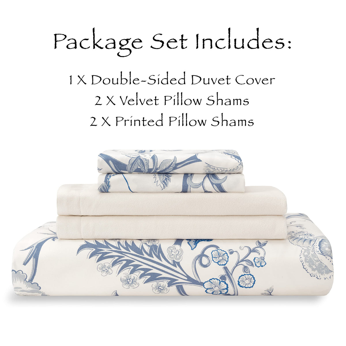 Premium 5-Piece Reversible Soft Brushed Microfiber Velvet Bedding Comforter Duvet Cover Set - Blue Cream Toile Peony