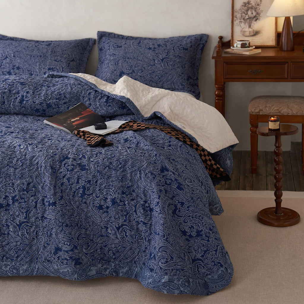 Navy Blue Floral King Size Quilt Set Soft Cotton Double-Layer Neutral Style Paisley Quilt Bedding Set Farmhouse