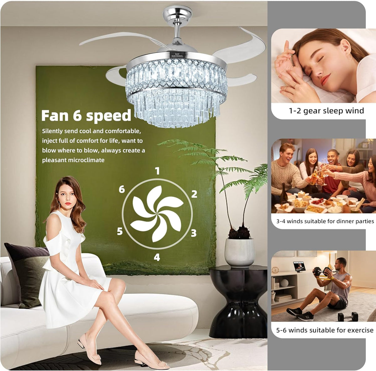 Crystal Retractable Ceiling Fan with Light