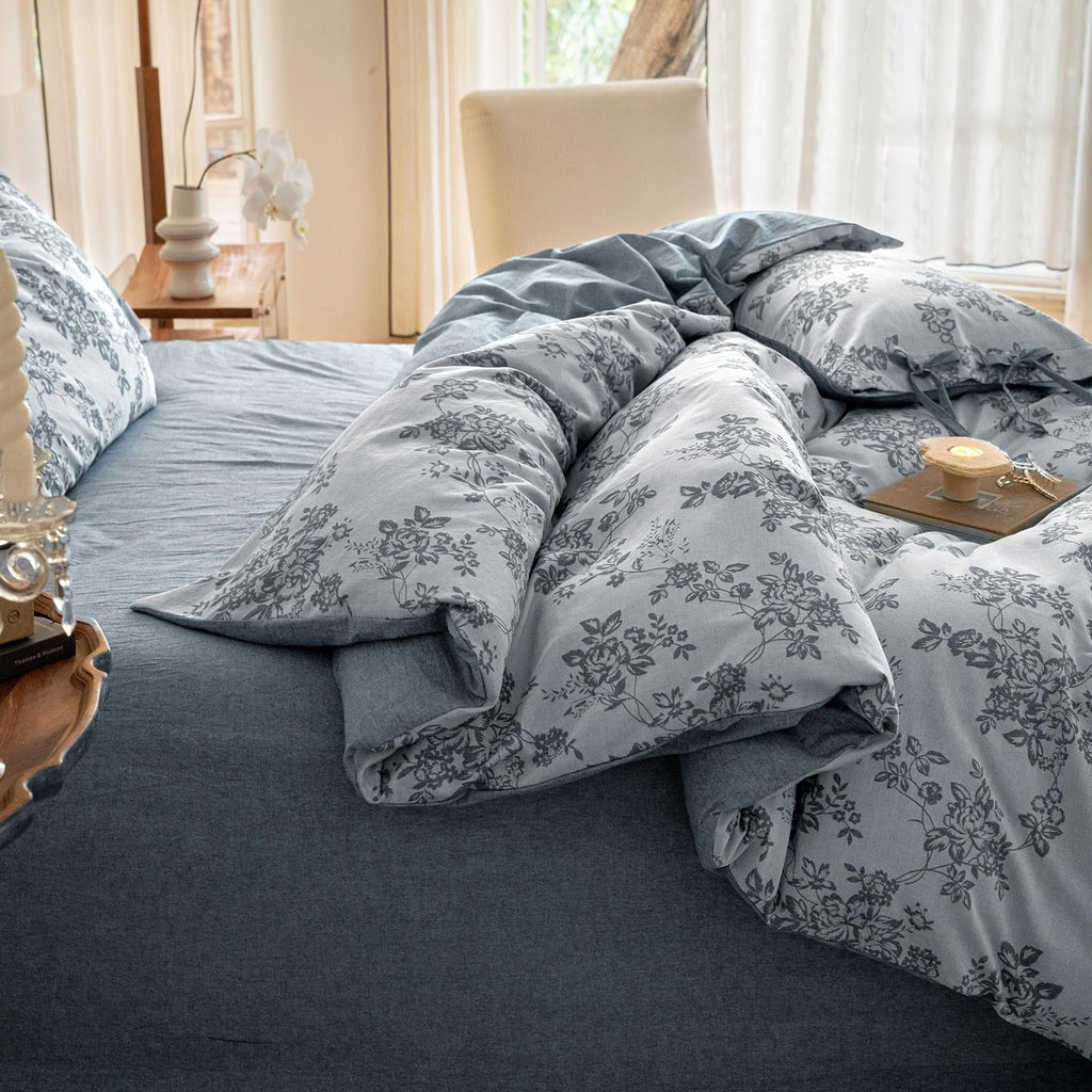 Duvet Cover Set Linen Cotton Yarn-Dyed Duvet Cover, Jacquard Garden Floral Pattern Monet Style 3Pieces