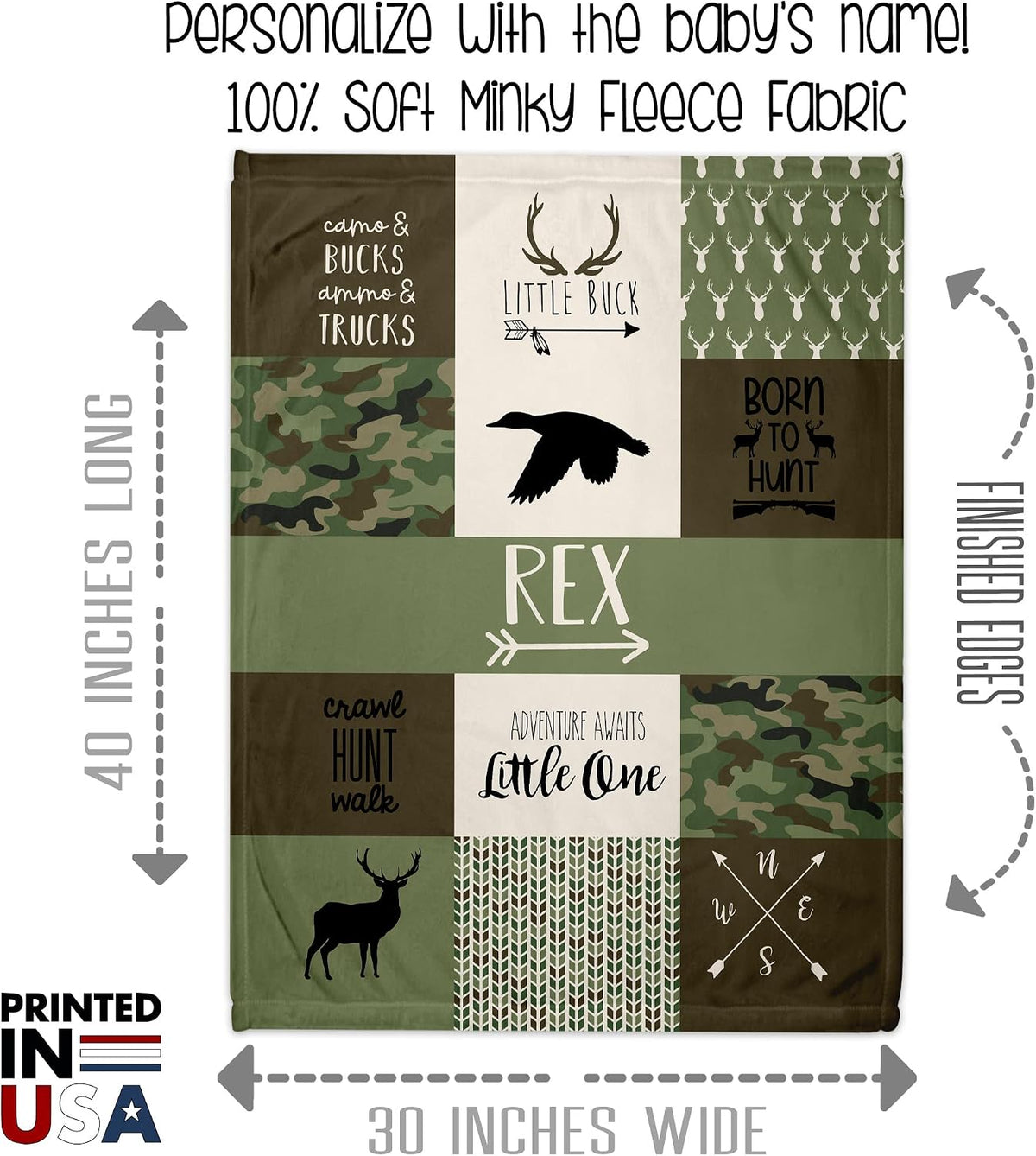 Ships Next Day - Camo Woodland Personalized Baby Blanket for Boys - Printed in America - Custom Blankets for Boys