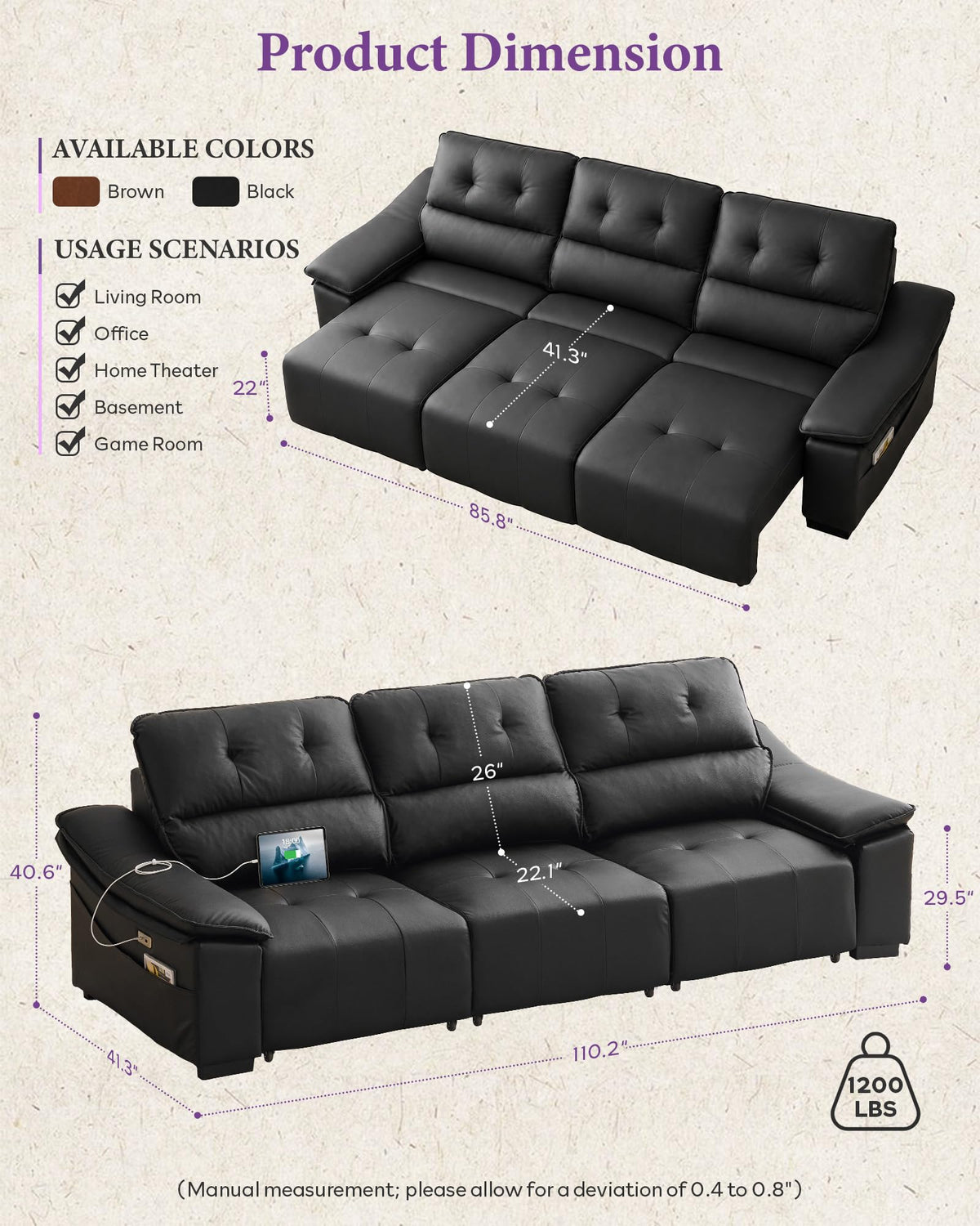 110'' Electric Leather Recliner Couch, Power Extendable Pull Out Sofa Bed