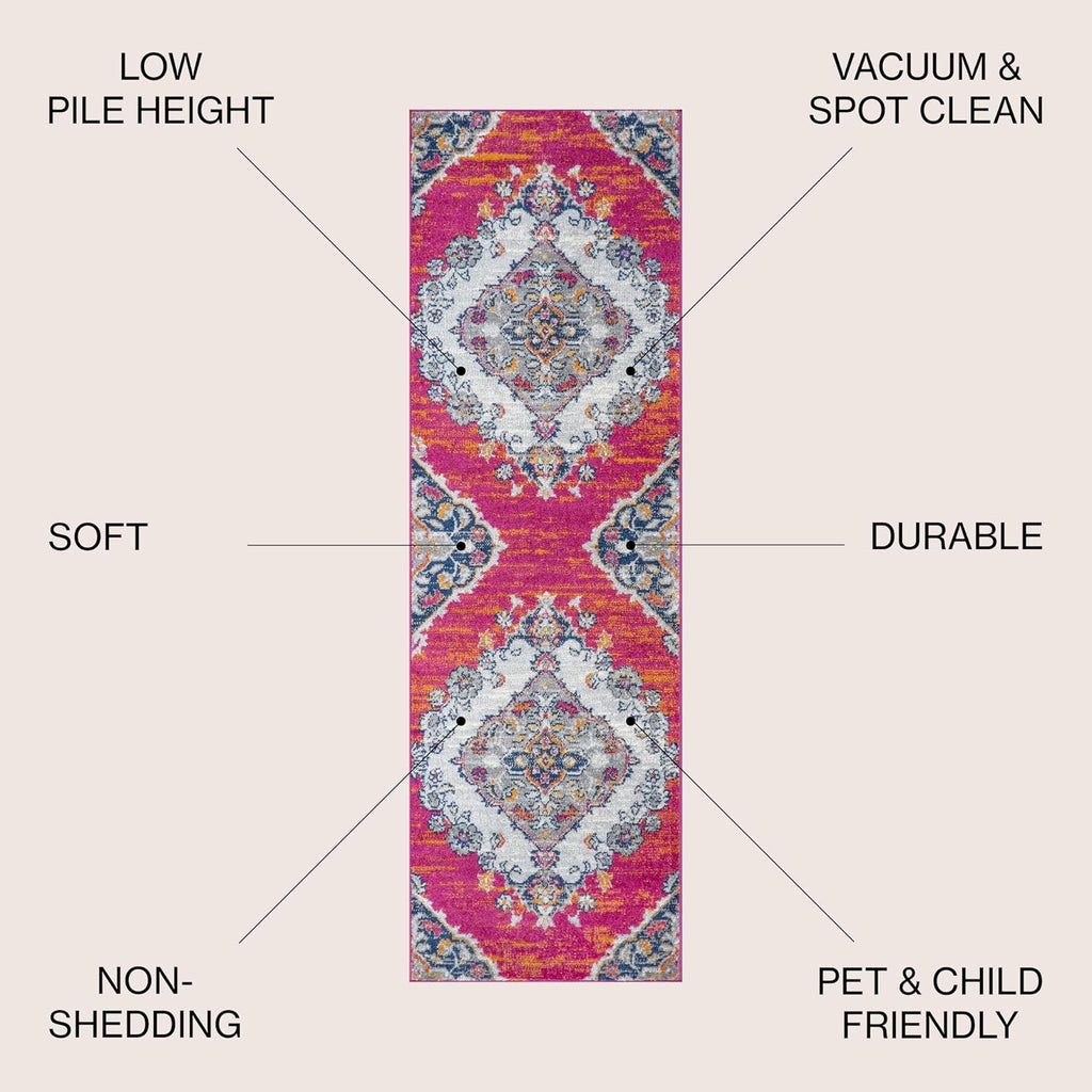 Boho Vintage Multi Runner Rug, 2x8, Bohemian Flair Medallion, Chic, Floral, High Traffic, Pet Friendly, Non-Shedding