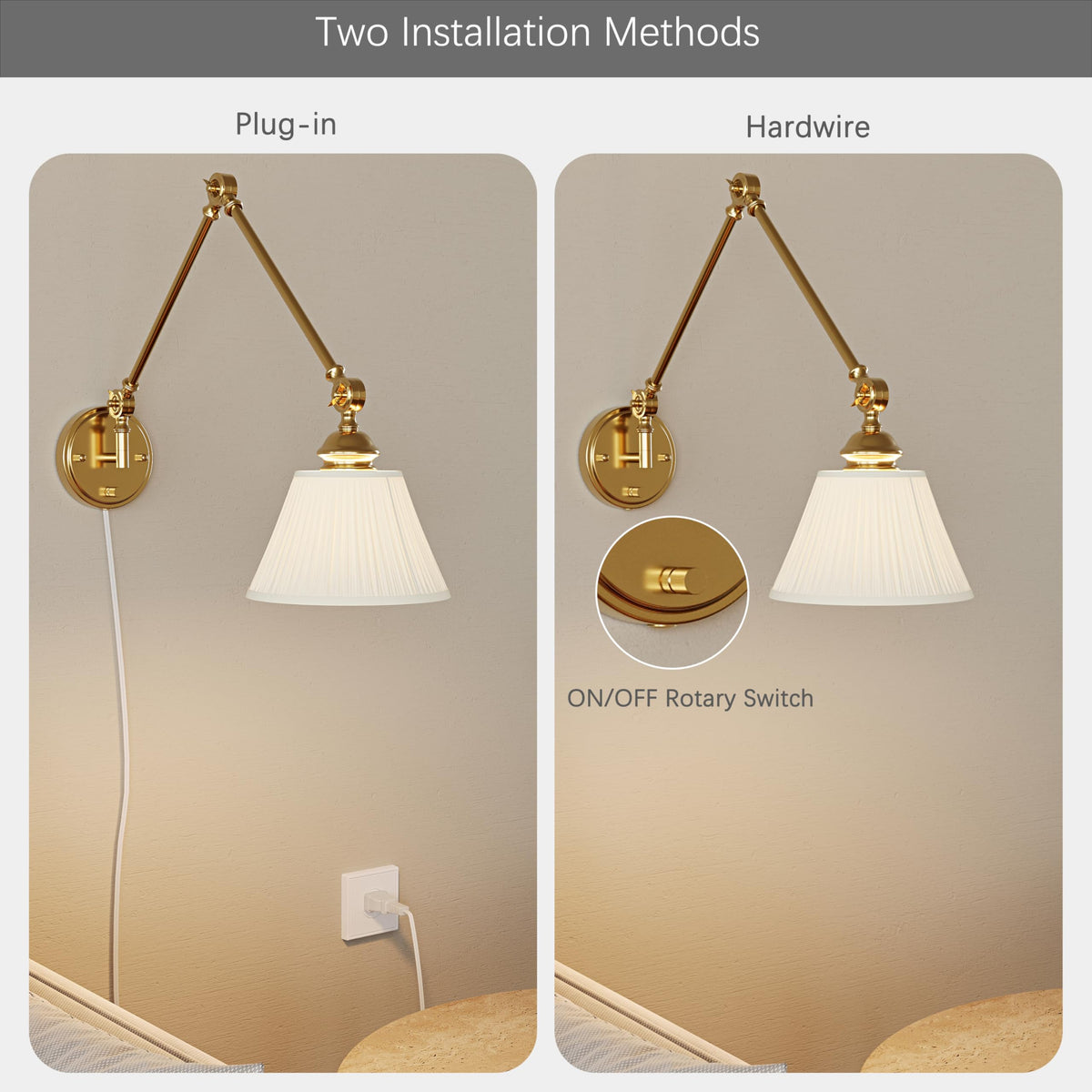 Plug in Wall Sconces Set of Two, Gold Swing Arm Wall Lamp with 6.6FT Plug-in Cord and Knob Switch, Fabric Hardwired