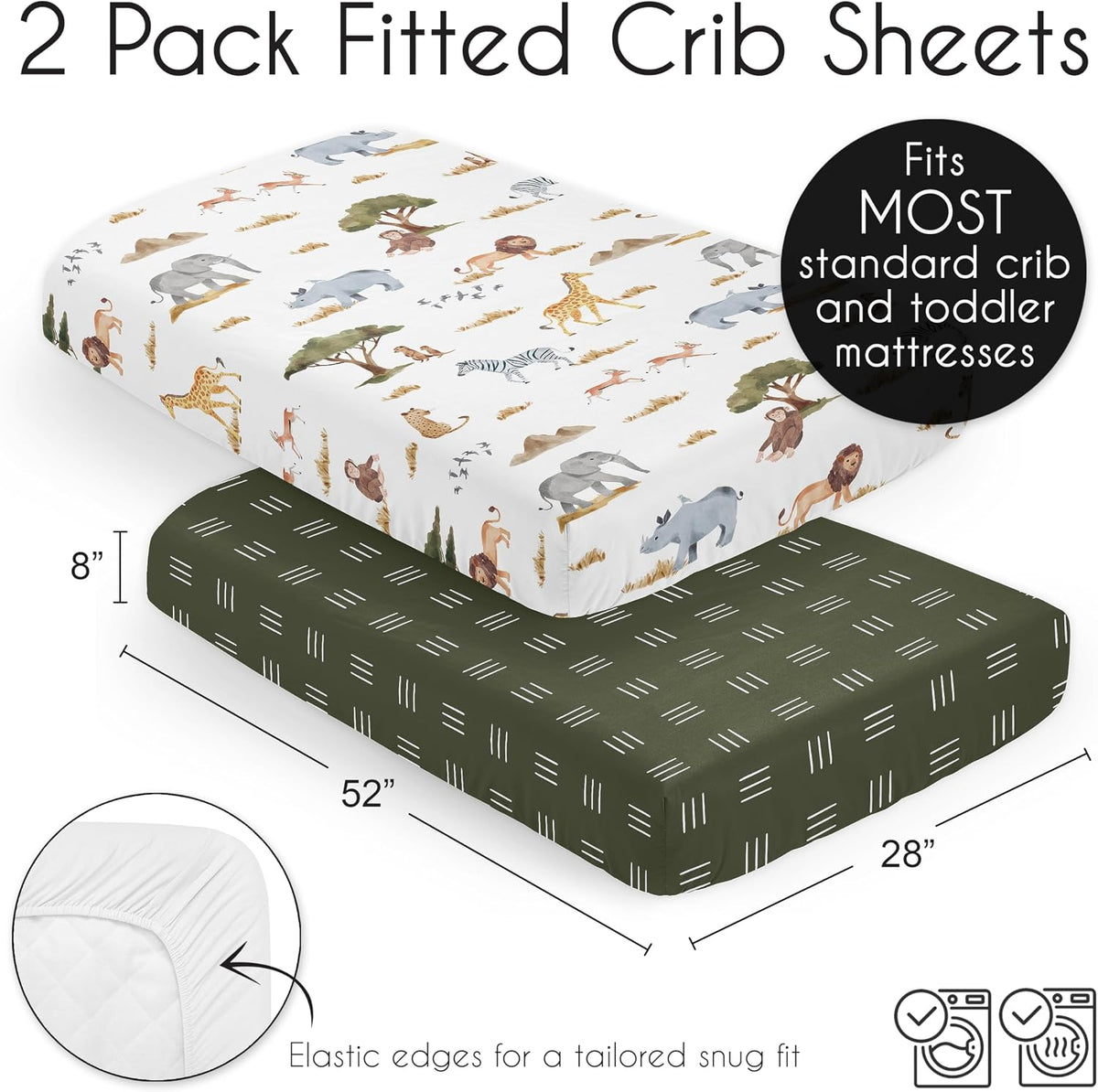 2-Piece Baby Crib Sheets Set (Jungle Safari Animals) for Boys or Girls, Infant Nursery, Toddler Room - Standard Size