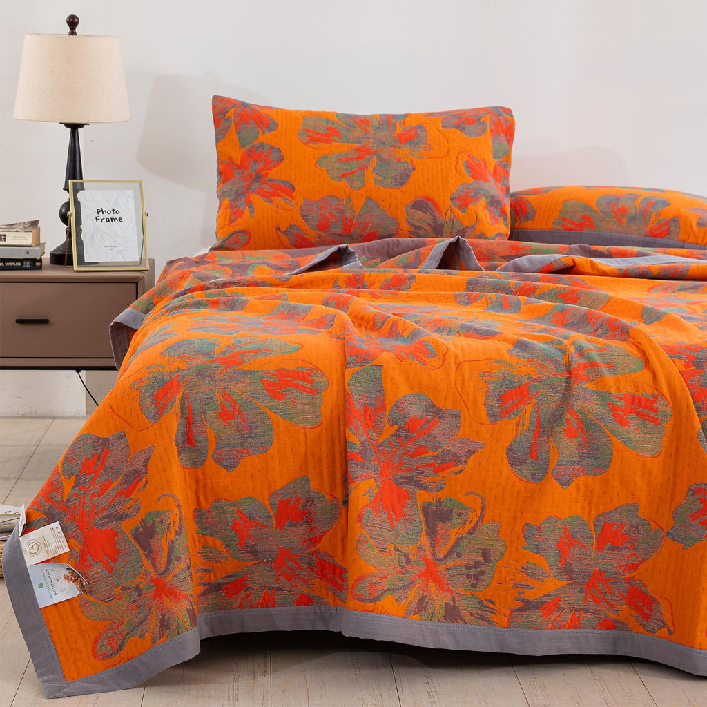 Quilt Set, 100% Cotton Muslin 3-Layer Soft Breathable Lightweight Reversible Bedspread, Jacquard Orange