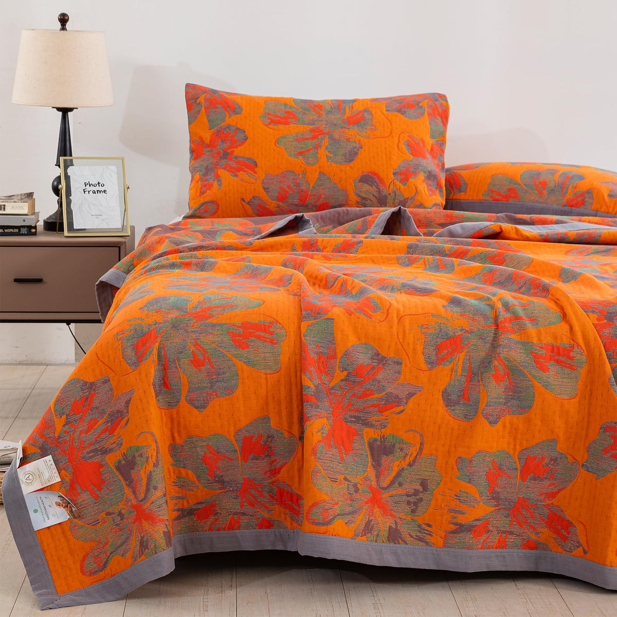 Quilt Set, 100% Cotton Muslin 3-Layer Soft Breathable Lightweight Reversible Bedspread, Jacquard Orange
