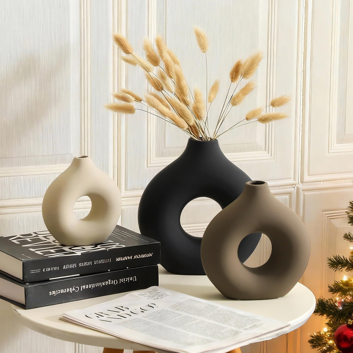 Ceramic Vase Home Table Decor - Flower Vases Set of 3 Small Living Room Centerpiece Decorations for Shelf Bedroom