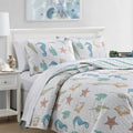 3-Piece Size Coastal Quilt Set with Shams | Reversible Lightweight Summer Bedspread | White and Green