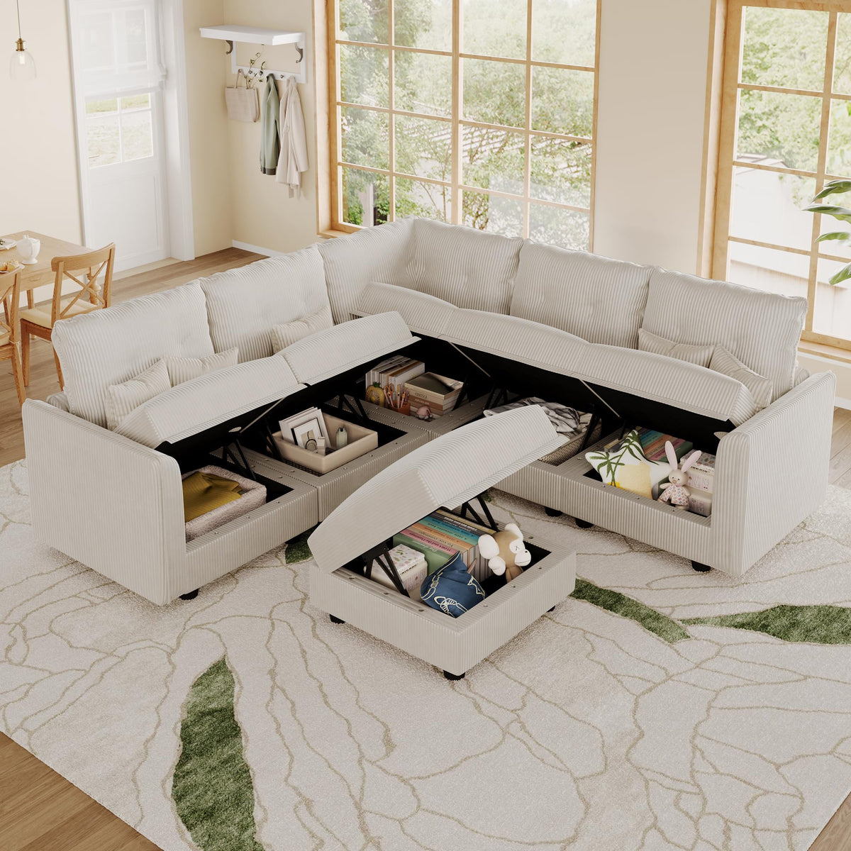 Sectional Sofa Modular Cloud Couch with 6 Storage Seats & 6 Throw Pillows, Corduroy U Shaped Couches, Rearrangable