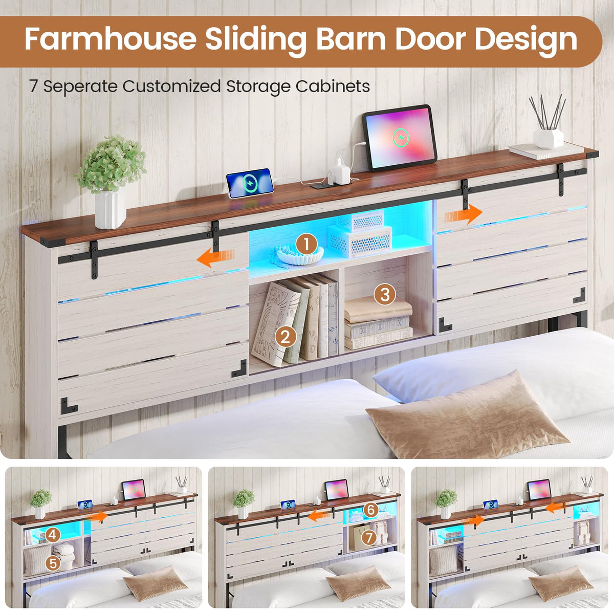 Wooden Bed Frame with Bookcase Headboard and Sliding Barn Door, Farmhouse Bed Frame with Charging