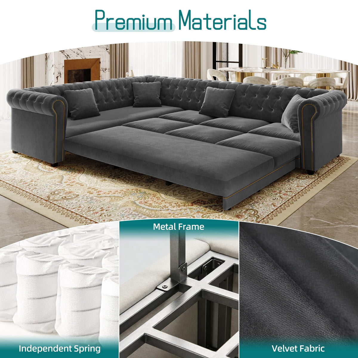 Sectional Sleeper Sofa, 115.3" L-Shaped Couch with Pull Out Couch, Gray