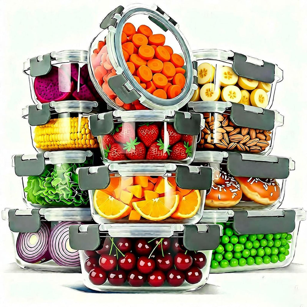 12 Pack Glass Food Storage Container Set with Lids Non Toxic, Stackable Borosilicate Glass Meal Prep Containers