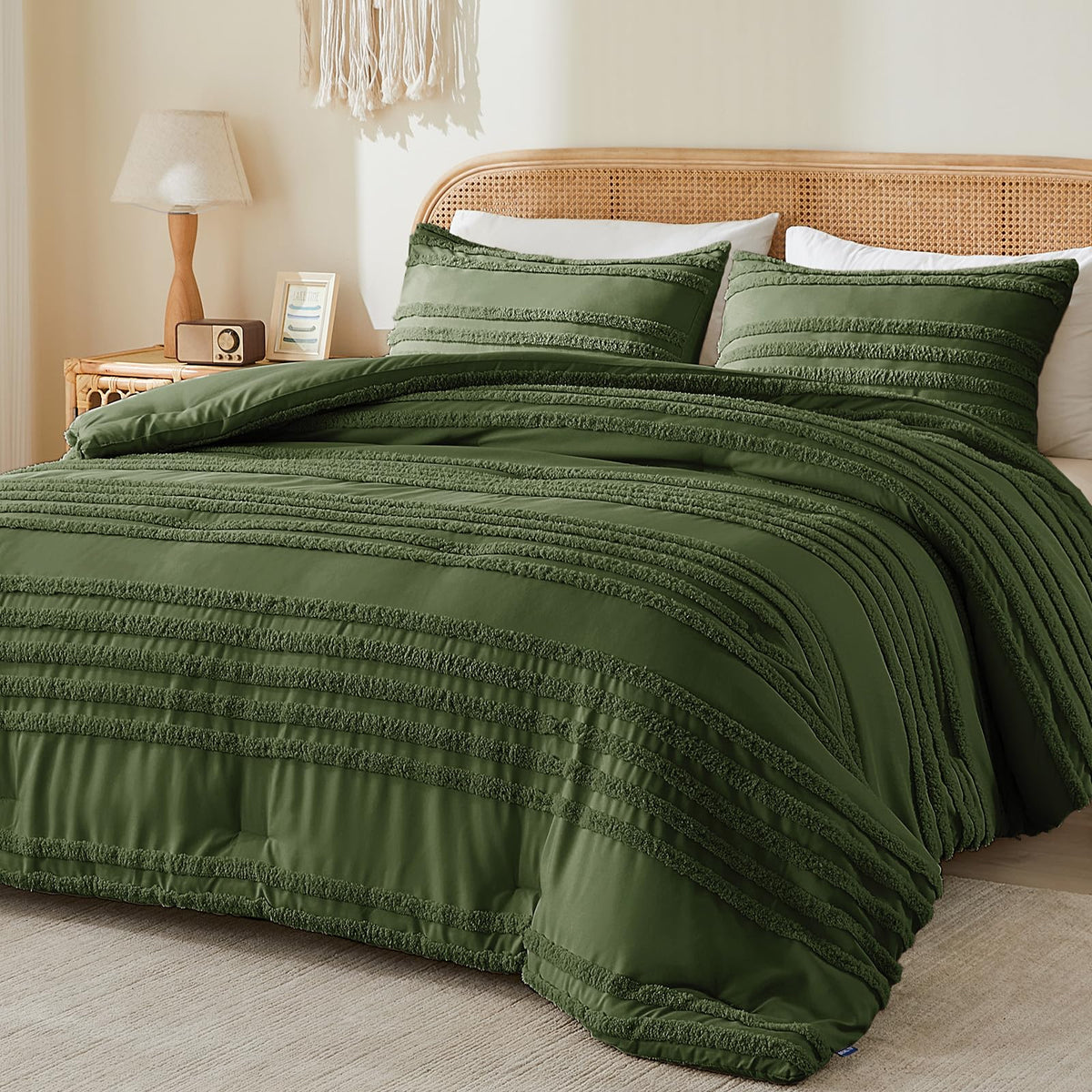 Boho Comforter Set - Tufted Boho Bedding Set, Olive Green