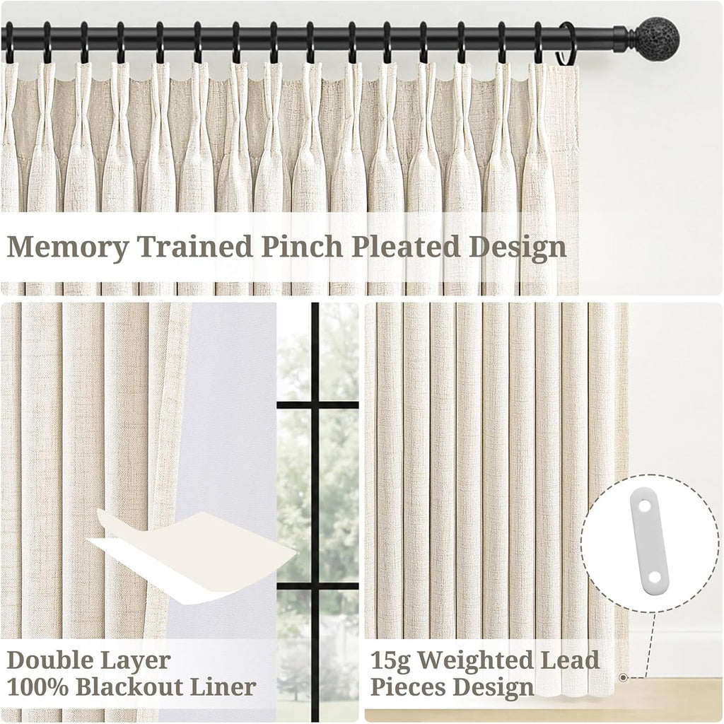 Curtains Blackout Pinch Pleat Linen Drapes for Living/Bedroom 2 Panels, Two Layers Noise Reducing