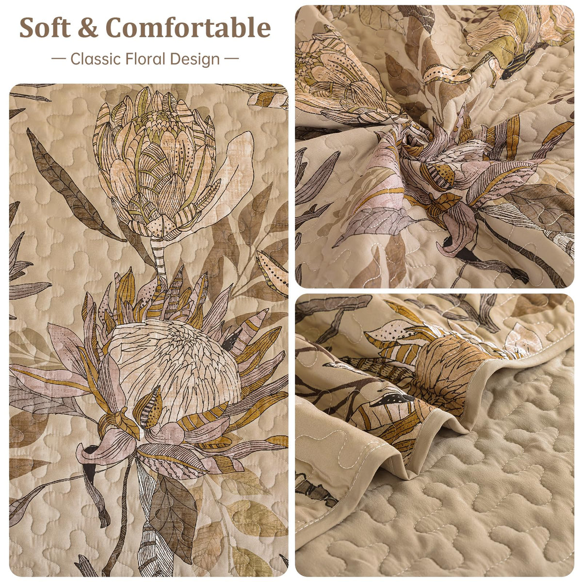 Fall Quilt Queen Size Brown, 3 Pcs Floral Bedspread Bedding Set
