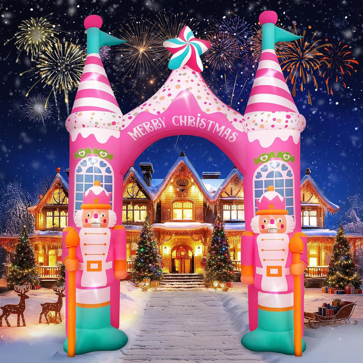 12 FT Giant Christmas Archway Inflatables Nutcracker with LED Lights, Pink Xmas Arch Inflatable Stereoscopic Blow up