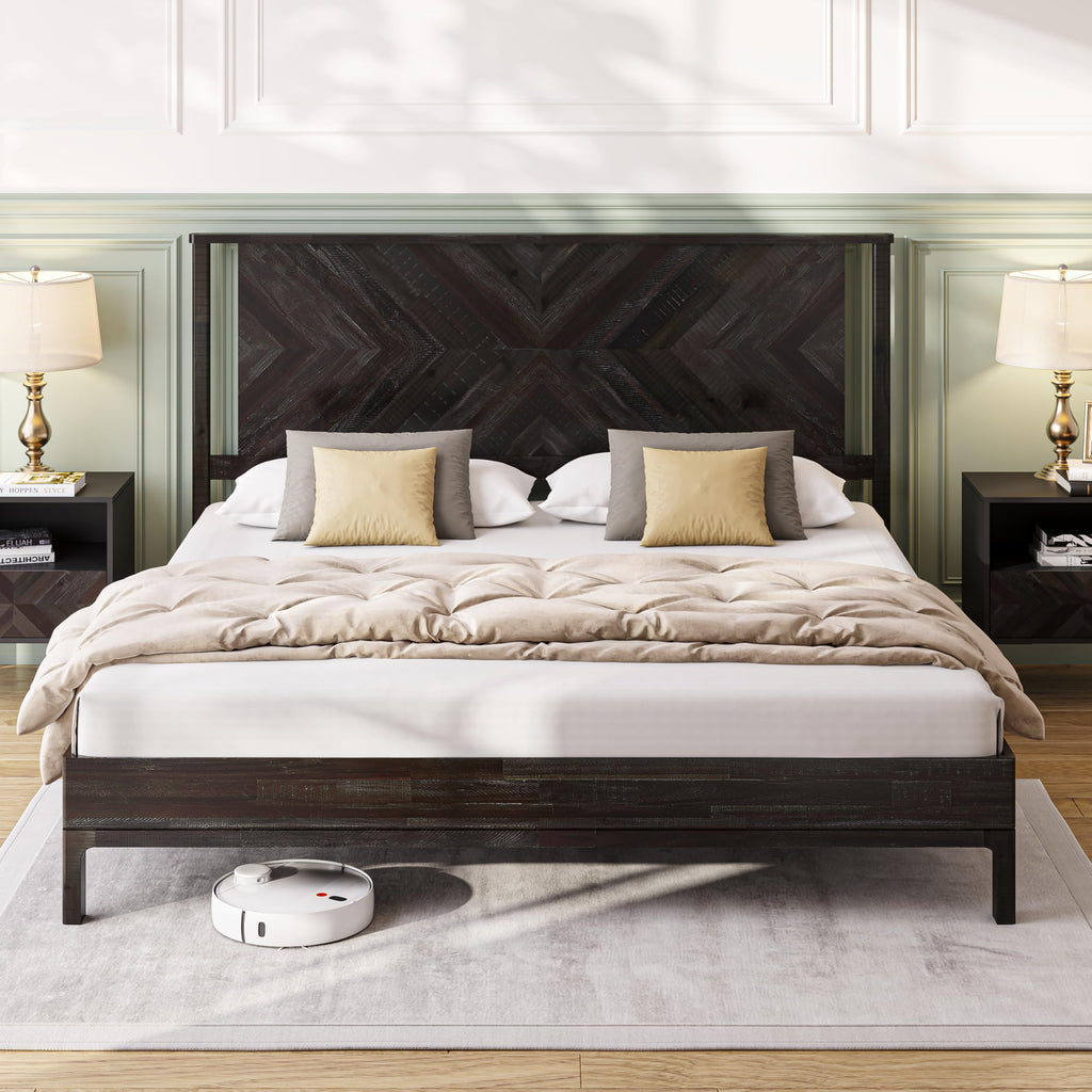 Vivian 14 Inch Deluxe Bed Frame with Headboard, Rustic & Scandinavian Style with Solid Acacia Wood, No Box Spring