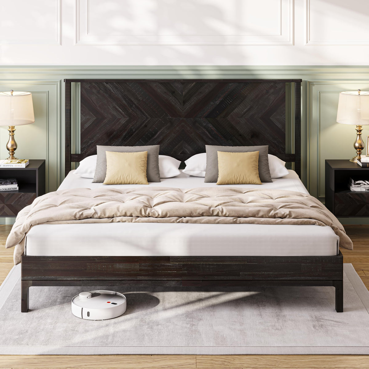 Vivian 14 Inch Deluxe Bed Frame with Headboard, Rustic & Scandinavian Style with Solid Acacia Wood, No Box Spring
