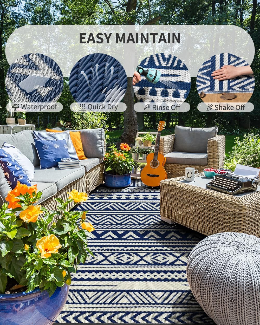 Outdoor Rug Waterproof Outdoor Patio Rug Mat Reverisble Plastic Straw Outdoor Rug for RV Camping Picnic Beach