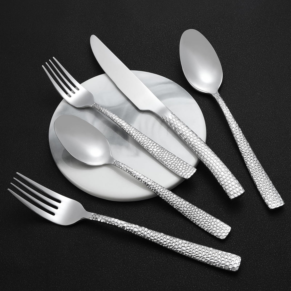 30-Piece Silver Silverware Set, Heavy Duty Hammered 18/10 Stainless Steel Flatware Set for 6, Food-Grade Cutlery Set