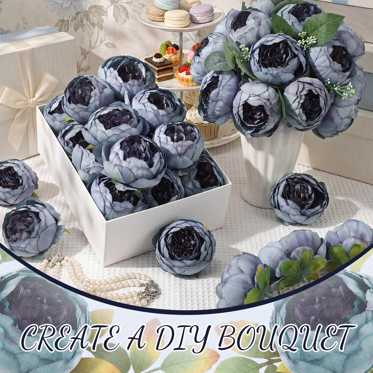 50 Pcs Artificial Peony Flower Heads 3.5 Inch with Stem, Gray-Blue