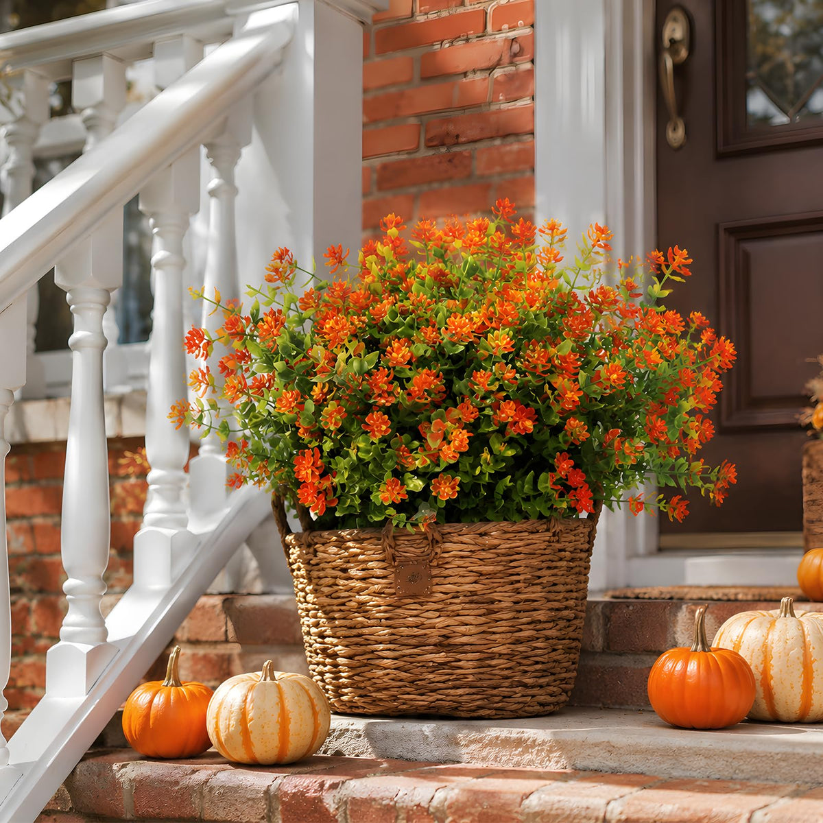 24 Pcs Artificial Mums for Outdoors, Fall Flowers (Orange Red)