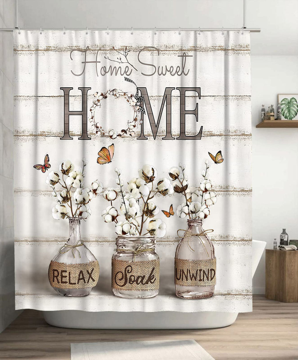 Farmhouse Cotton Flowers Shower Curtains for Neutral Country Bathroom Decor Rustic Set Waterproof Polyester Fabric 60