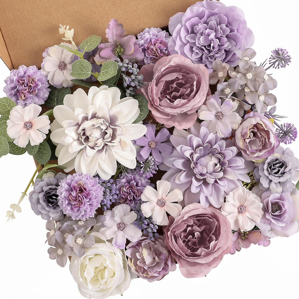 White Purple Peony Artificial Flower Combo Box Set for Wedding Bouquet Home