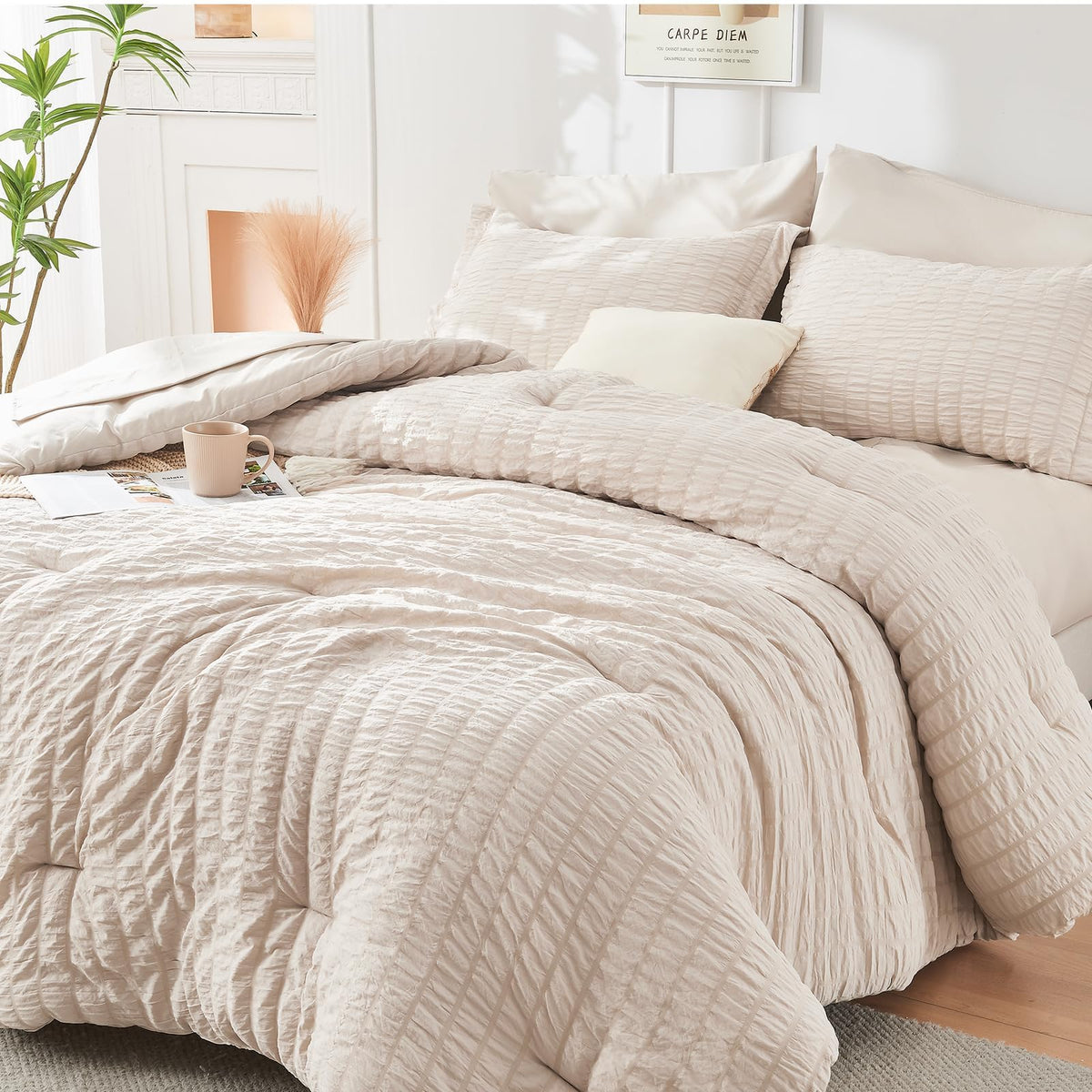 Comforter Set - 7PCS Bed in a Bag, Seersucker Bedding Set, Beige