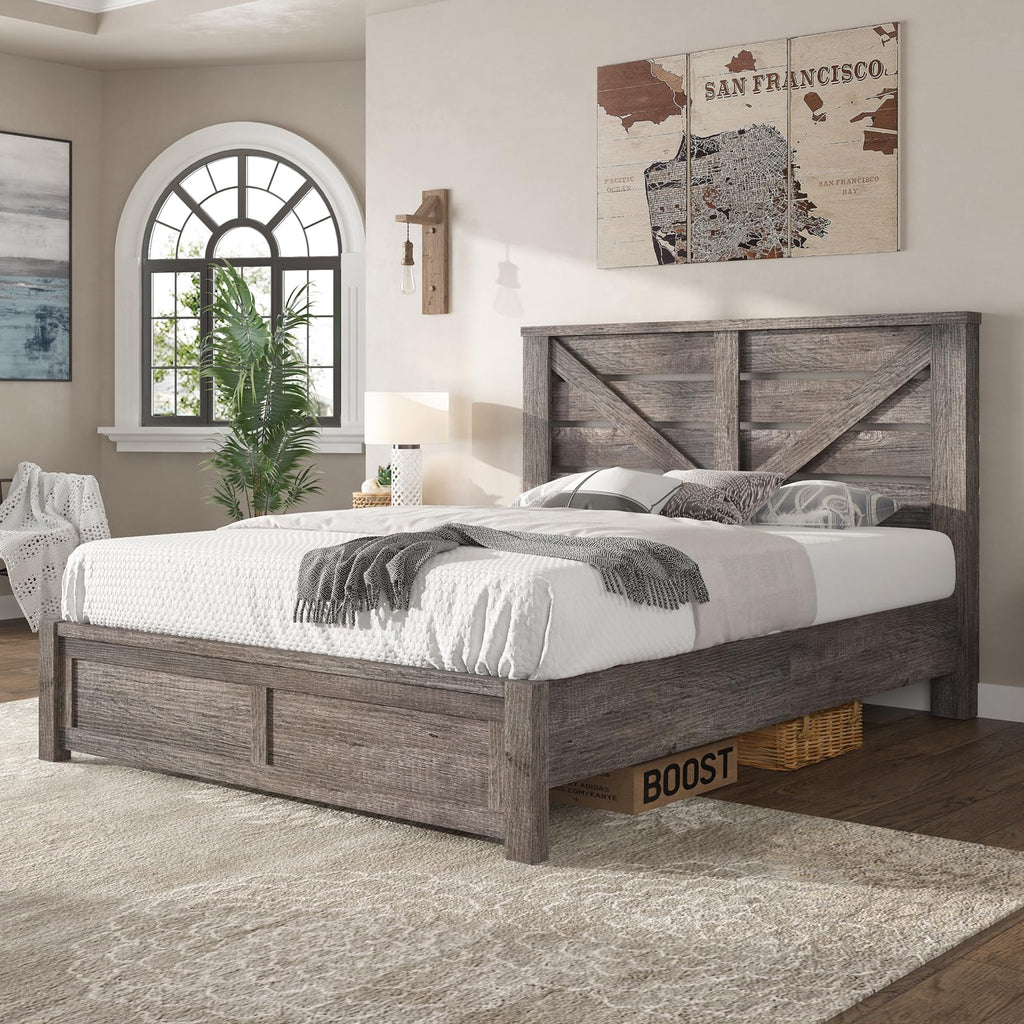 Farmhouse Bed Frame with 49.2"Barn Door Headboard, Gray