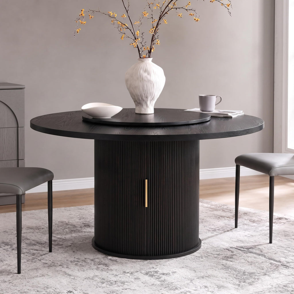 Inspired Saarinen Style 55" Fluted Round Dining Table for 4-6, Mid-Century Modern Kitchen Table with Rotating Tray, 2-Tier Storage Shelf